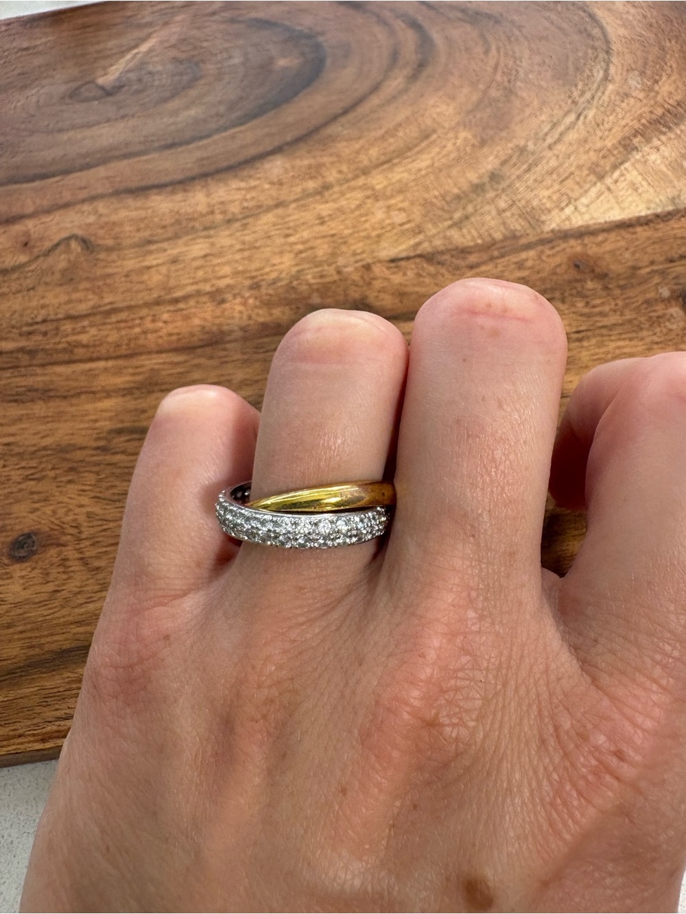 Interlocking Gold and Silver Tone Ring with Pavé Crystals - Size 6.5 - Picture 4 of 13